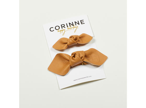 Leather Bow Big & Small Hair Clip Camel CORINNE 